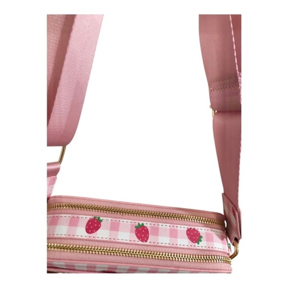 Pink plaid checkered strawberry print gold tone hardware crossbody canvas bag - Picture 6 of 13